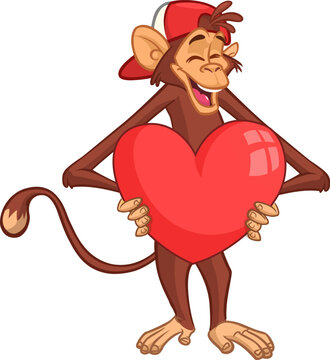 Cartoon monkey chimpanzee holding red balloon heart gift. Vector illustration of happy monkey for St. Valentine's Day party. Vector isolated