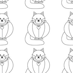 Pattern on the theme of animals. Square pattern with a cat. Vector linear illustration.