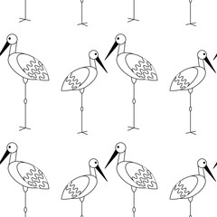 Pattern on the theme of birds. Square pattern with storks. Vector linear illustration.
