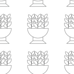 Pattern on the theme of plants. Square pattern with plants in a flowerpot, a flowerbed. Vector linear illustration.