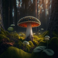 Magical mashroom in fantasy enchanted fairy tale forest with lots of brighness and lighting. Trippy mashroom psychodelic. Generative Ai