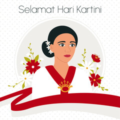 Raden Adjeng Kartini the hero of women and human right in Indonesia. Selamat Hari Kartini Means Happy Kartini Day. Asian woman surrounded with flowers and red and white flag. Flat Vector Illustration