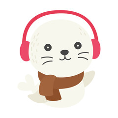 Seal wearing scarf and earmuffs, Winter animal doodle vector