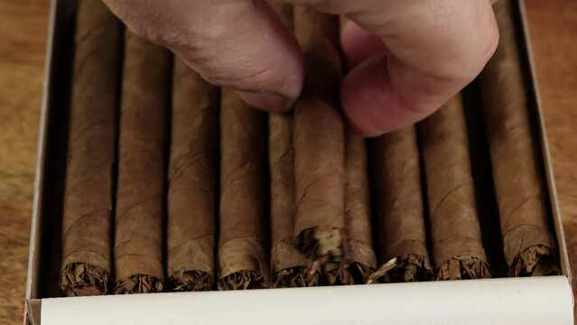 gros plan sur une main prenant un cigare dans une boite