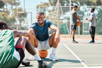 Sports, basketball and friends, men relax and fist bump on basketball court in happy summer....