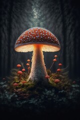 Fototapeta premium Magical mashroom in fantasy enchanted fairy tale forest with lots of brighness and lighting. Trippy mashroom psychodelic. Generative Ai