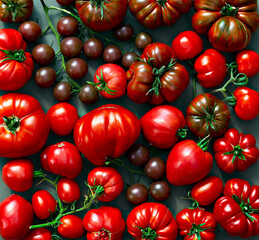 Colorful tomatoes of different sizes and varieties, in appearance, are a horizontal composition. bright apetitic background, vegetarianism, advertising of ecological products. screensaver for gadgets.