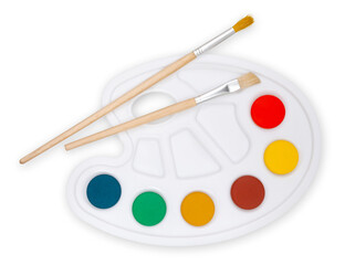 Color palette with paint brushes, top view isolated on a white background, concept of color shop or...
