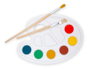 Color palette with paint brushes, top view isolated on a white background, concept of color shop or color choice. Colorful Imagination: An Artist's Palette of Tools and Inspiration.
