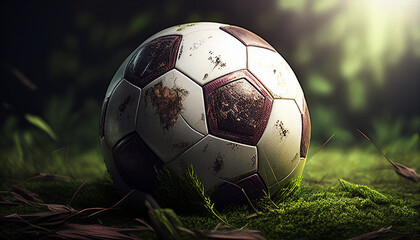 closeup of realistic soccer ball on grass with blurred stadium background, Generative AI