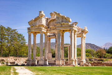 ruins of roman temple Tetrapylon in Aphrodisias, a remarkably preserved Roman-period city in ancient Caria, Turkey, UNESCO World Heritage Centre - 577934168