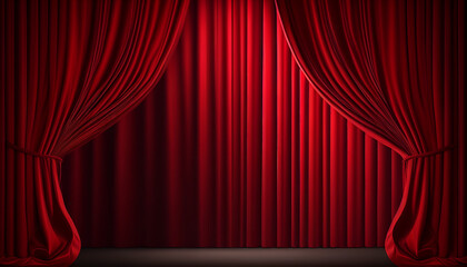 Empty stage with royal silk red stage curtain for theater, opera scene drape, Generative AI