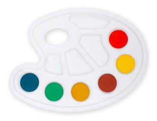 Colors painter palette, top view isolated on a white background.