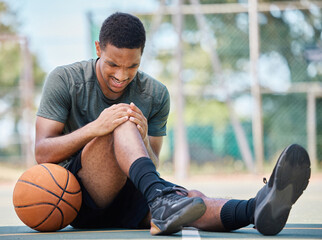 Basketball court, man and injury, knee pain and joint pain, fitness emergency and first aid...