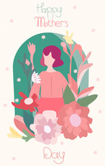 Happy women day, abstract portrait of a woman with flowers, leaves and inscription. Greeting cards are ideal for banners, cards, posters, postcards. Vector graphics.
