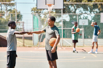 Teamwork, sports and fist bump with man on basketball court for fitness, support and friends....