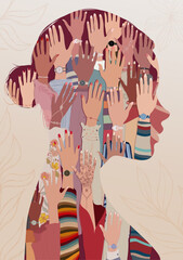 Woman silhouette in profile with inside group hands raised of women of diverse culture. Anti-racism racial equality and sisterhood concept. Allyship. Feminism.Women s community.Women s day