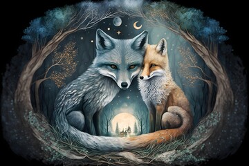 Wolf and Fox in the night