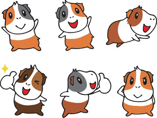モルモットキャラのゆるい手描きセット1　(バンザイ、いいね、了解 他)