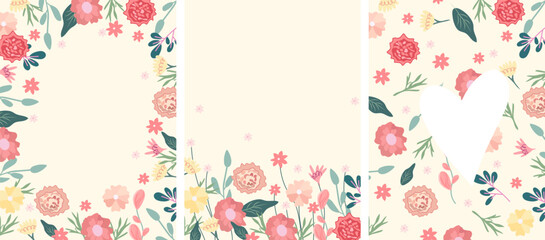 Bright spring illustrations with wildflowers, daisies, tulips, carnations and green leaves. Spring flowering. Ideal for greeting cards, cards, banners, posters. Vector graphics.