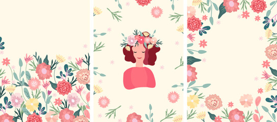 A collection of banners with flowers, a woman and a floral wreath on her head on a pastel background. Spring flowering. Ideal for greeting cards, banners, cards, posters. Vector illustration.