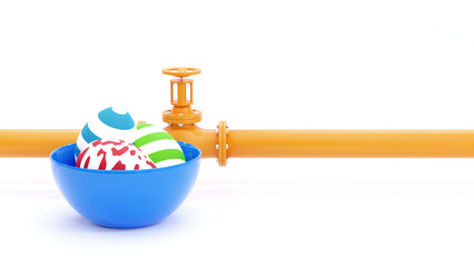 Petroleum and water pipeline with valve and bowl of easter eggs. 3d illustration