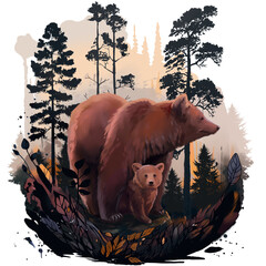 Two bears in the forest among the leaves - 577936178