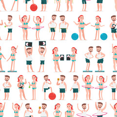 Fototapeta premium Fat and thin man and woman vector cartoon seamless pattern background for wallpaper, wrapping, packing, and backdrop.