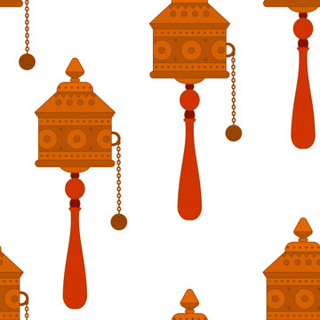 Tibetan prayer wheel vector cartoon seamless pattern background for wallpaper, wrapping, packing, and backdrop.