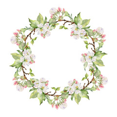 Obraz na płótnie Canvas Hand drawn watercolor apple flowers, branches and leaves, white, pink and green blossom. Circle round wreath. Isolated on white background. Design for wall art, wedding, print, fabric, cover, card.