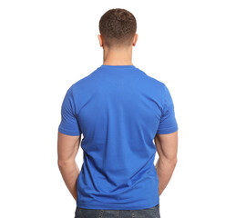 Fototapeta premium Man wearing blue t-shirt on white background, back view. Mockup for design