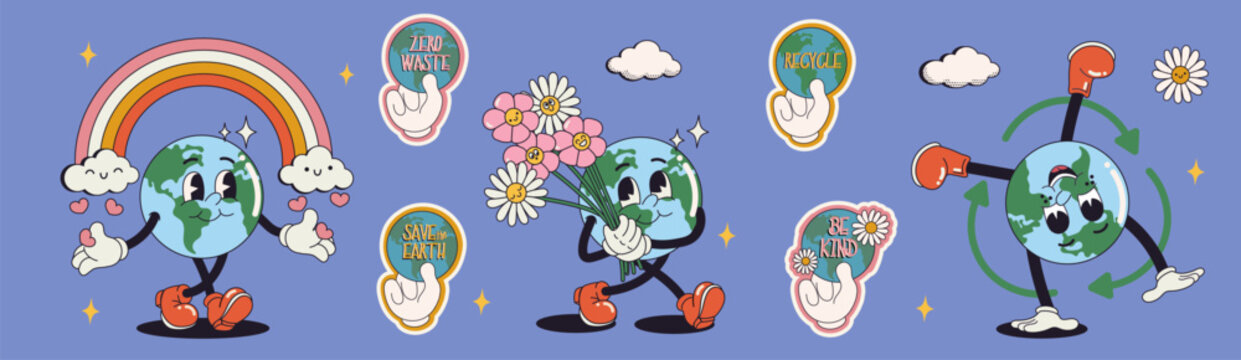 Save the planet stickers in trendy retro cartoon style. Earth Day concept. World Environment Day. Motivational print design template with walking cartoon Earth
