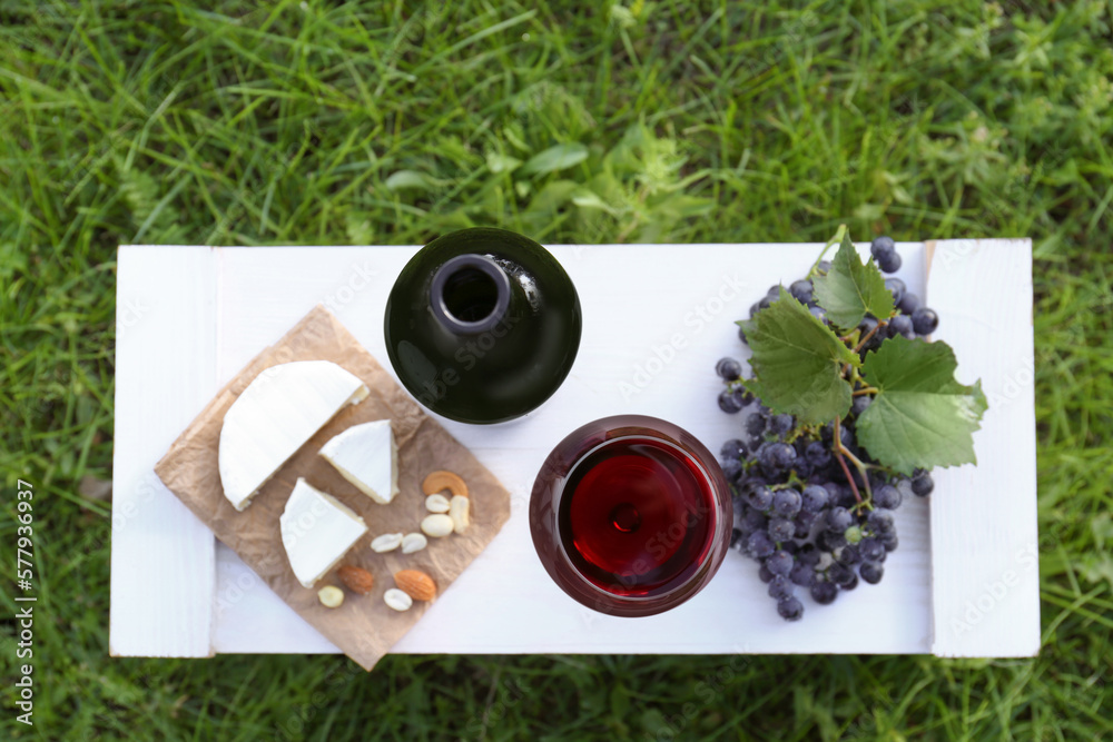 Canvas Prints Red wine and snacks for picnic served on green grass outdoors, top view