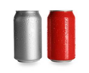 Aluminum cans with drinks on white background