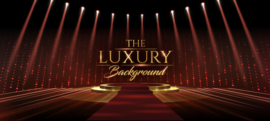 Red Carpet Platform Steps Golden Stage Spotlights Royal Awards Graphics Background. Lights Elegant Shine Modern Template. Dotted Luxury Premium Corporate Template. Classy Abstract trophy banner.