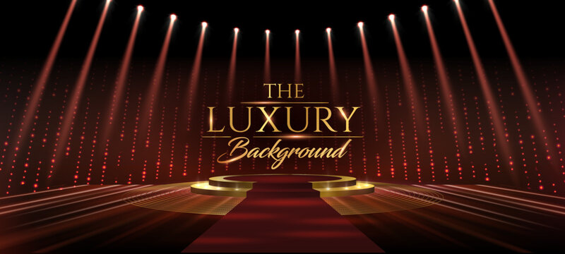 Red Carpet Platform Steps Golden Stage Spotlights Royal Awards Graphics Background. Lights Elegant Shine Modern Template. Dotted Luxury Premium Corporate Template. Classy Abstract trophy banner.