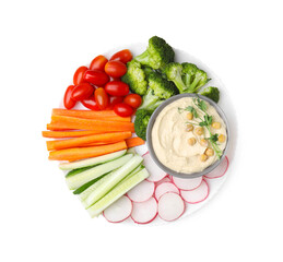Plate with delicious hummus and fresh vegetables on white background, top view