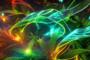 Naklejka premium Beautiful abstract illustrations of cannabis leaves with lights on a bright background. Generative AI