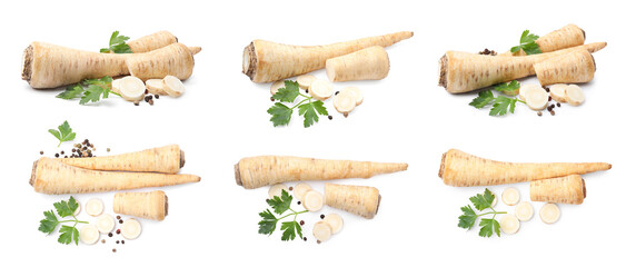 Collage with whole and cut parsley roots on white background