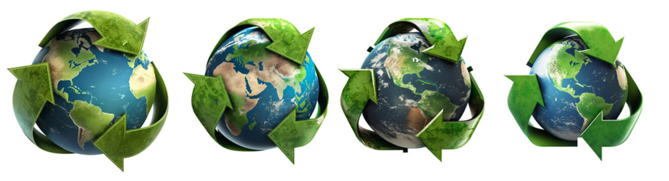 Four different images of the earth surrounded by the recycle logo on a transparent background, Generative AI
