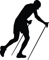 male athlete difficult uphill climb with trekking poles skyrunning competition, black silhouette vector illustration on white background