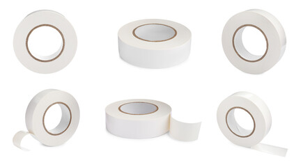 Collage with insulating tape on white background, different angles