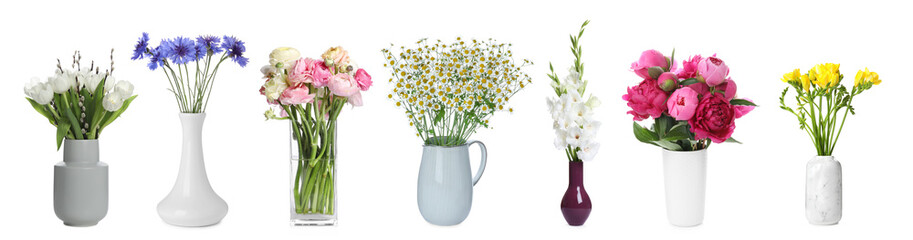 Collage with many beautiful flowers in different vases on white background