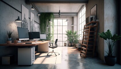 Obraz na płótnie Canvas Modern Office Space Interior Design - Industrial Edge series. White walls with concrete flooring, light wood accents, and exposed ductwork. Generative AI
