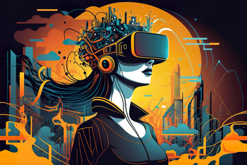 The future is virtual experience technology. Person wearing virtual reality glasses on a futuristic background in cyberspace. AI generated vector illustration.