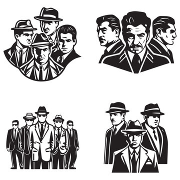 Mafia silhouette vector, Detective silhouette vector isolated on white background, mafia and detective hand drawing sketch clipart 