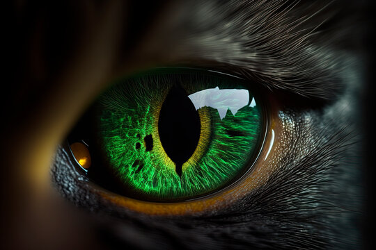 A close up of a green cats eye in the dark. Generative AI