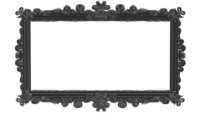 black carbon picture frame as transparent png file with rococo style ornaments.