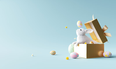 Happy Easter day, Bunny in the golden gift box with eggs. 3d rendering
