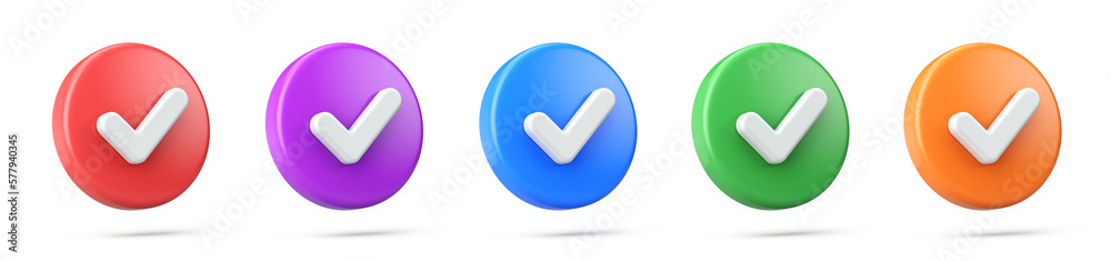 Fototapete 3d check mark button icons in different colors - right, acceptance, approve concept. 3d rendering